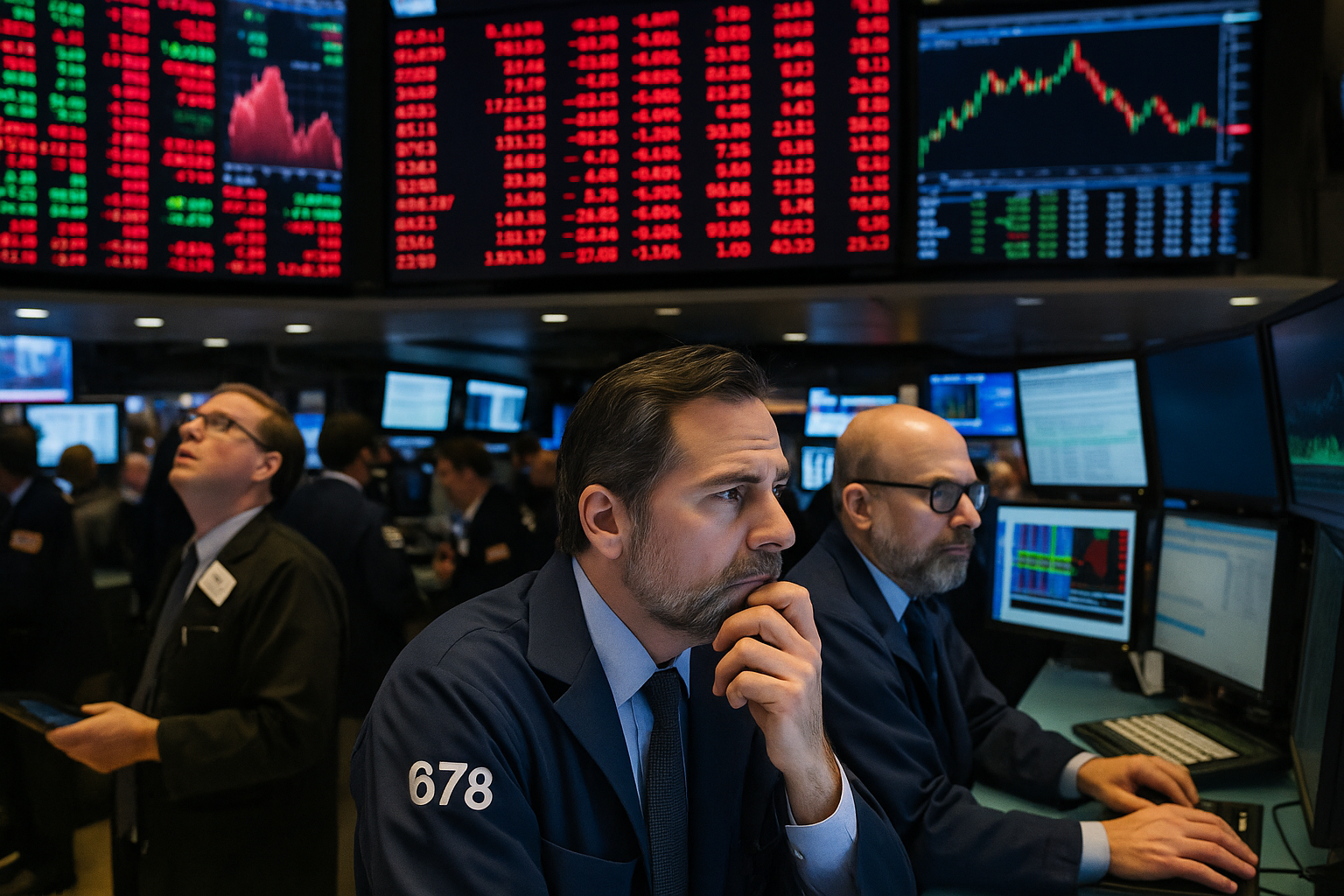 Traders watching stock tickers react to central bank interest rate decision on trading floor